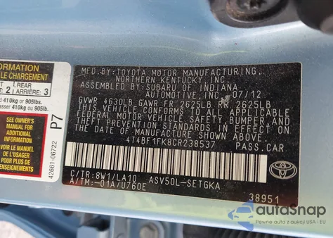 2012 Toyota Camry Xle from USA, damaged, VIN 4T4BF1FK8CR238537